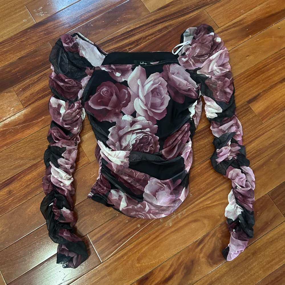 Lulu's Black and Purple Floral Mesh Blouse
